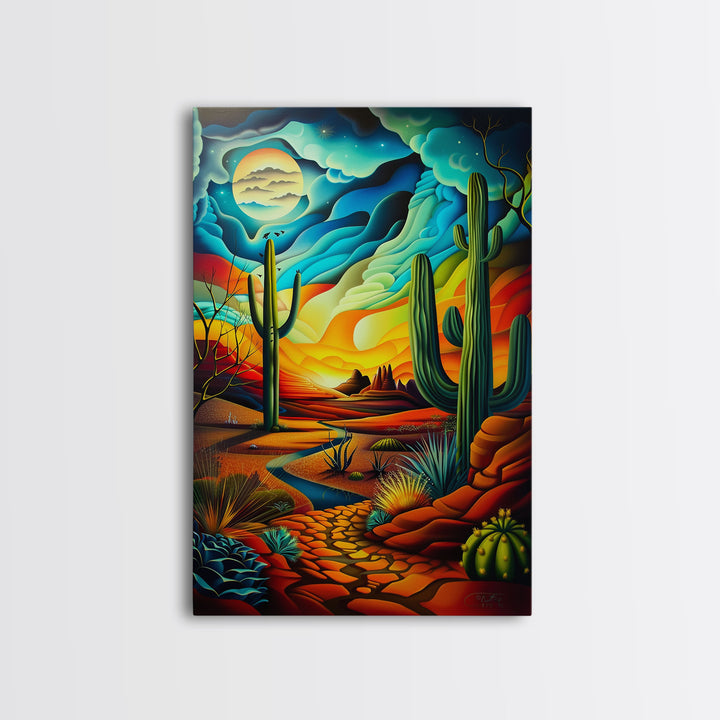 Southwestern Desert Scene - Vibrant Landscape Art, Framed Canvas Print, Living Room Decor, Desert Painting, Colorful Wall Art