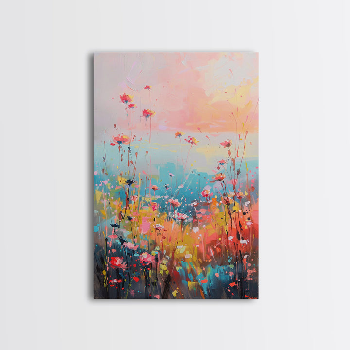 Abstract Floral Field at Sunset - Framed Canvas Print, Modern Living Room Art, Vibrant Bedroom Decor, Colorful Flower Art, Wall Art