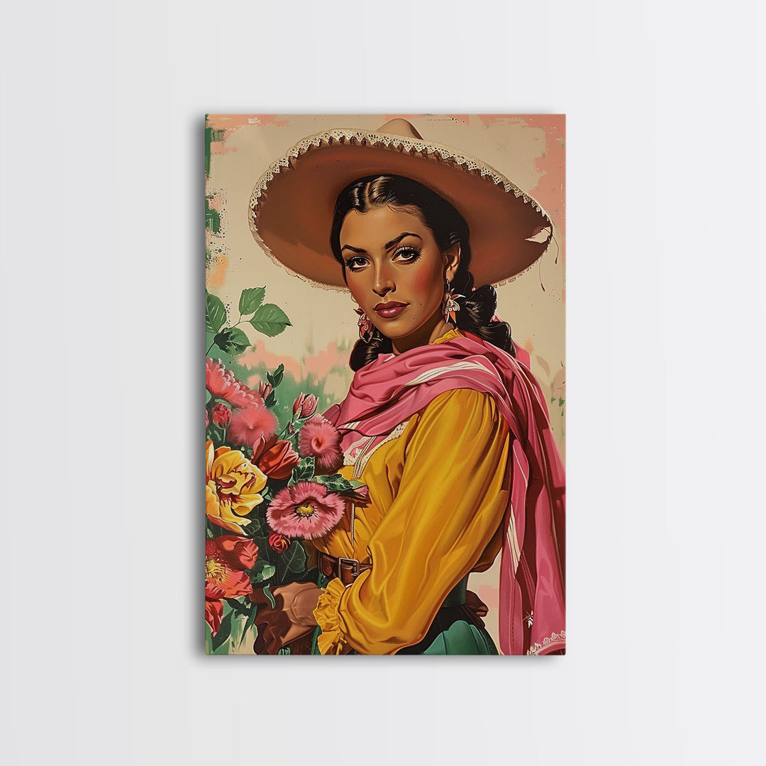 Western Woman Holding Flowers - Framed Canvas Print, Traditional Living Room Art, Colorful Bedroom Decor, Folk Art, Wall Art