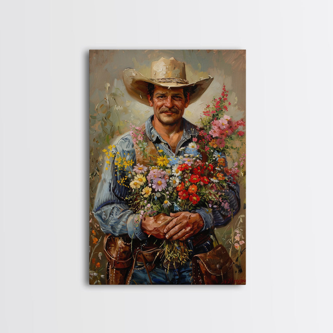 Smiling Cowboy with Flowers - Framed Canvas Print, Country Living Room Art, Rustic Bedroom Decor, Cowboy Art, Wall Art