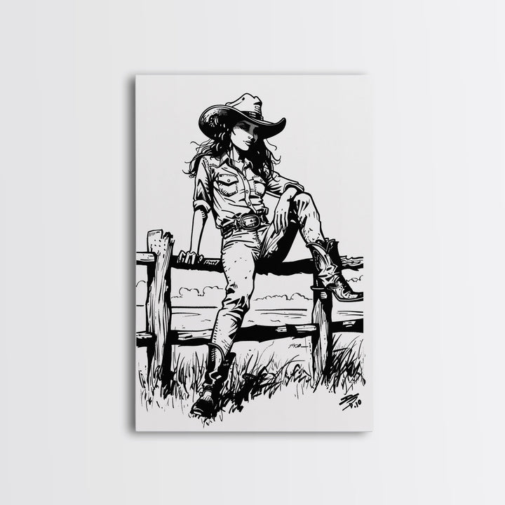 Western Cowgirl on Fence Art Print, Retro Silhouette Framed Canvas, Vintage Western Art, Unique Home Decor