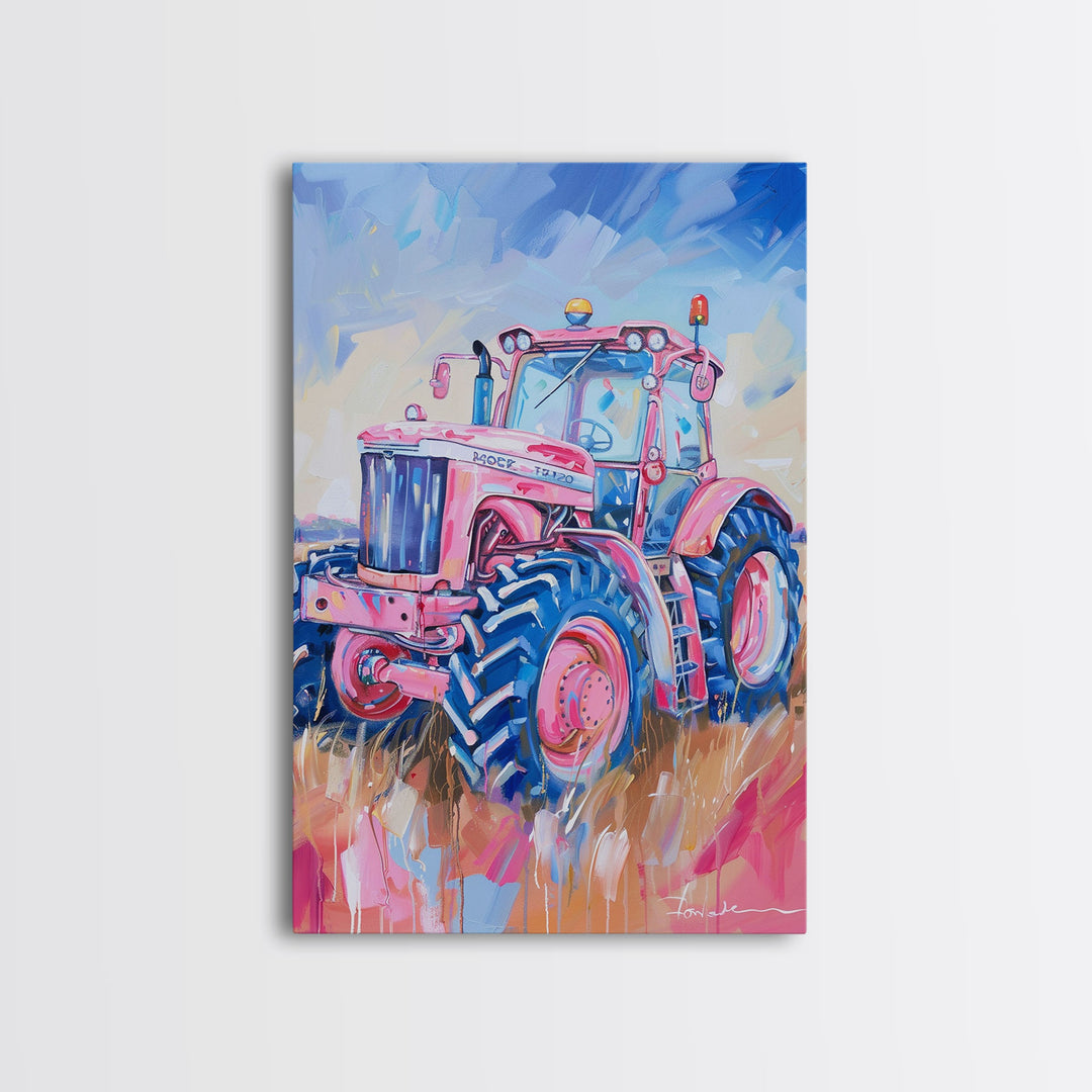 Vibrant Pink Tractor in Field with Blue Sky - Framed Canvas Print, Farmhouse Wall Art, Rustic Tractor Art for Living Room Decor