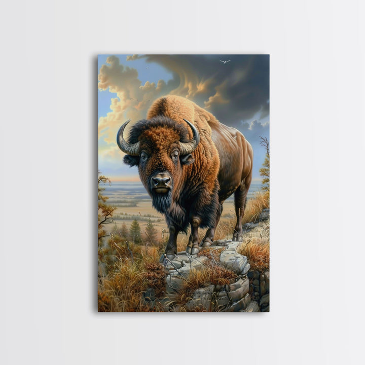 Powerful Bison in Prairie Landscape - Framed Canvas Print, Western Wildlife Wall Art, Bison Decor for Living Room and Bedroom