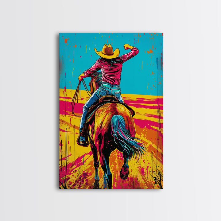 Vibrant Pop Art Cowboy on Horseback in Dynamic Colors - Framed Canvas Print, Western Decor, Cowboy Art for Living Room, Home Wall Art