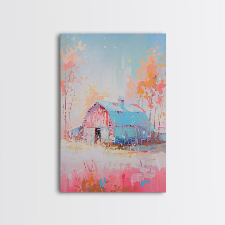 Vintage Pastel Barn with Blue Roof and Trees - Framed Canvas Print, Rustic Farmhouse Decor, Country Art for Home, Bedroom Wall Art