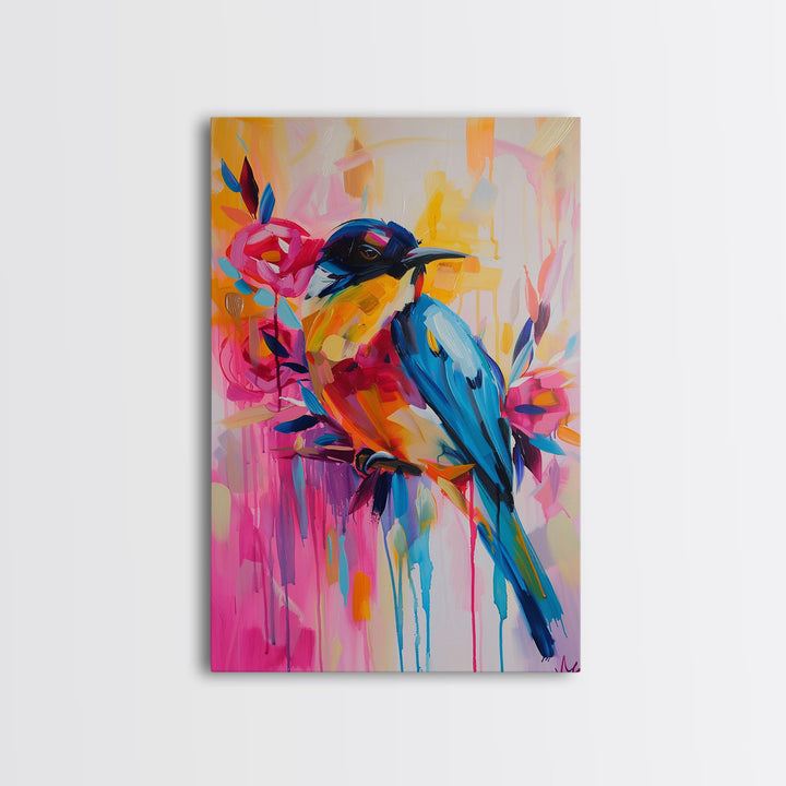 Vibrant Bird and Flowers in Colorful Pop Art Style - Framed Canvas Print Bird Decor, Floral Art for Living Room, Bright Wall Art for Bedroom