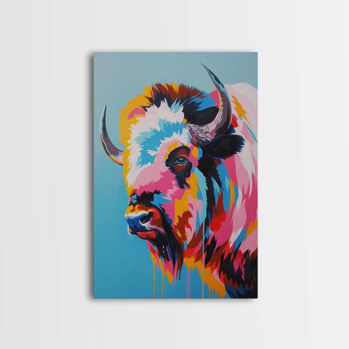 Vibrant Bison Portrait in Colorful Pop Art Style - Framed Canvas Print, Animal Decor, Bison Art for Living Room, Bright Wall Art for Home