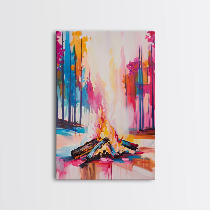 Vibrant Campfire Framed Canvas Print - Colorful Nature Wall Art, Living Room Decor, Modern Artwork, Unique Fire Art for Bedroom and Office