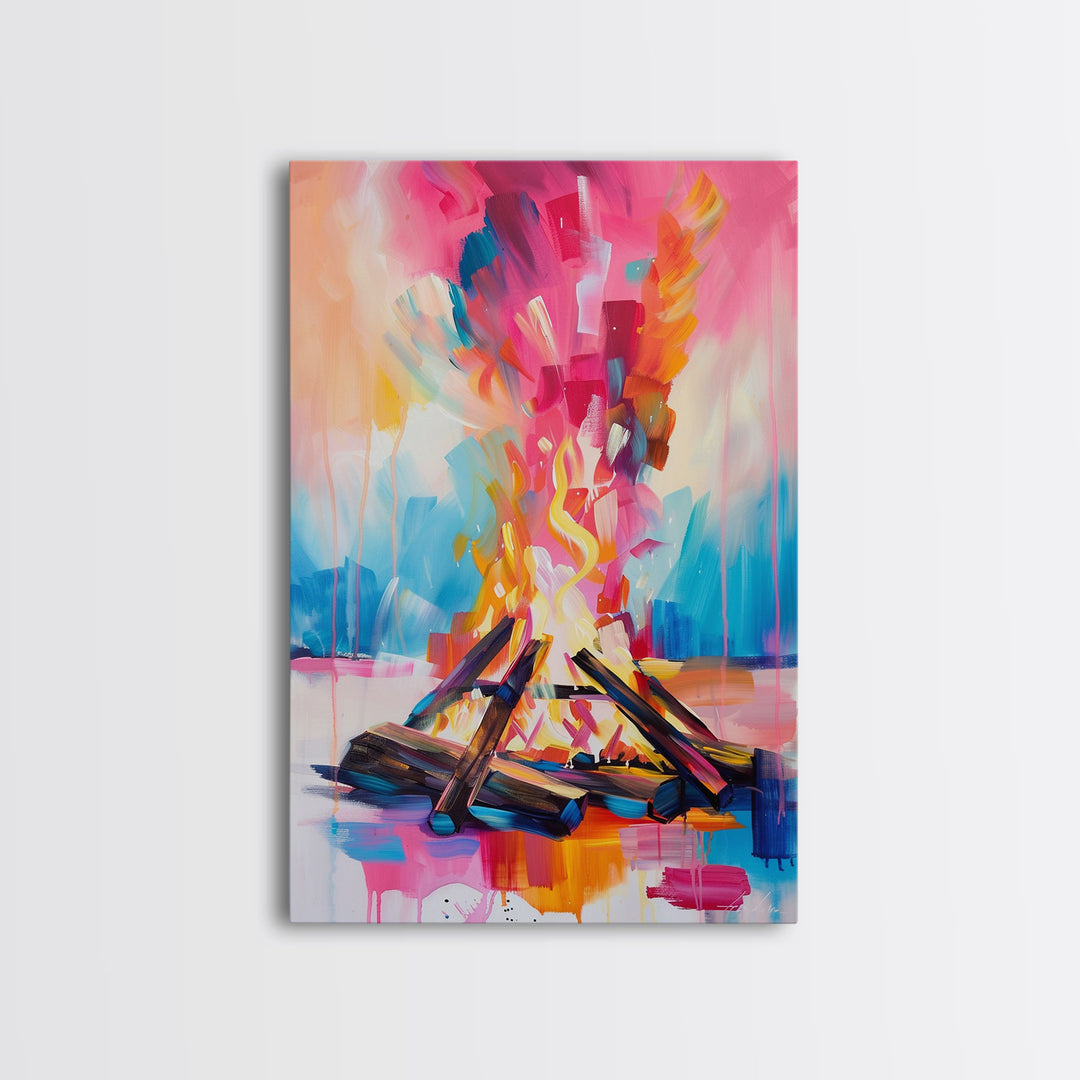 Abstract Campfire Framed Canvas Print - Colorful Fire Wall Art, Living Room Decor, Modern Artwork, Unique Nature Art for Bedroom and Office