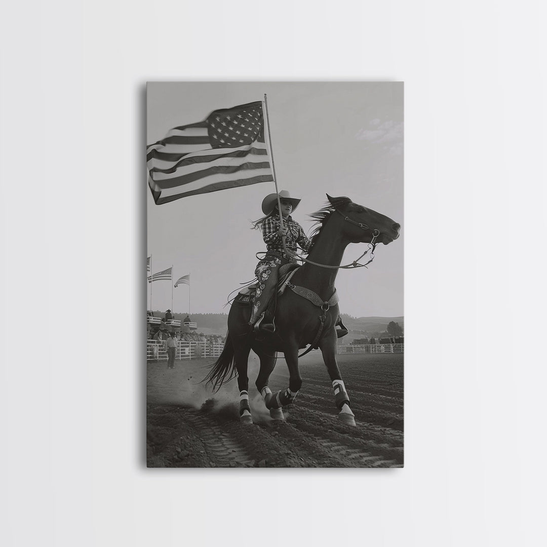 Patriotic Cowgirl with Flag Art Print, Western Rodeo Framed Canvas, Vintage Black and White Photography, Unique Wall Art