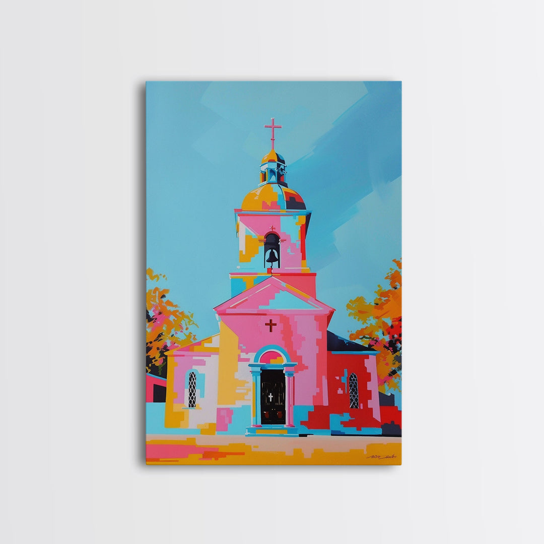 Abstract Church Painting with Bold Colors - Framed Canvas Print, Modern Religious Wall Art, Vibrant Church Decor for Home and Living Room