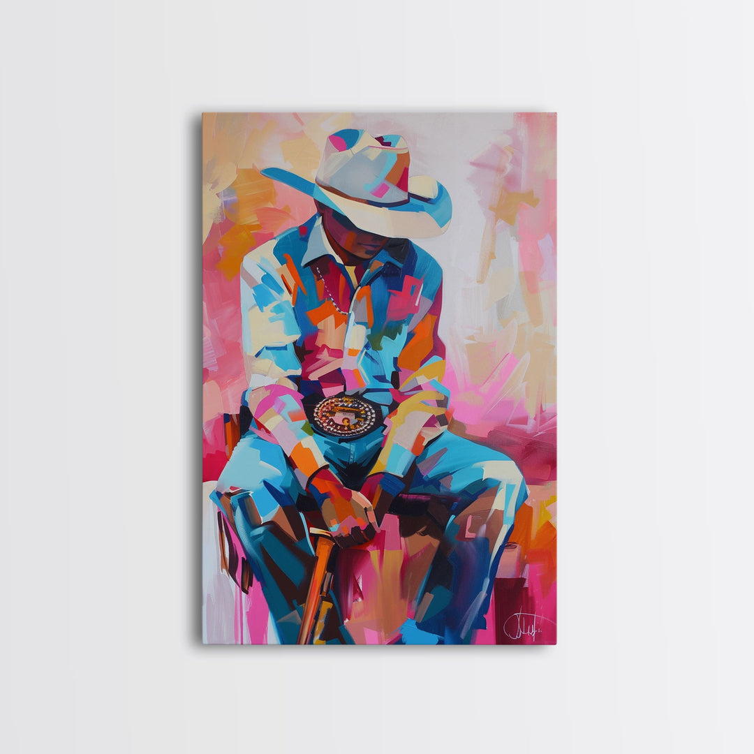 Vibrant Cowboy Portrait in Abstract Colors - Framed Canvas Print, Modern Western Decor, Colorful Cowboy Wall Art for Living Room or Bedroom