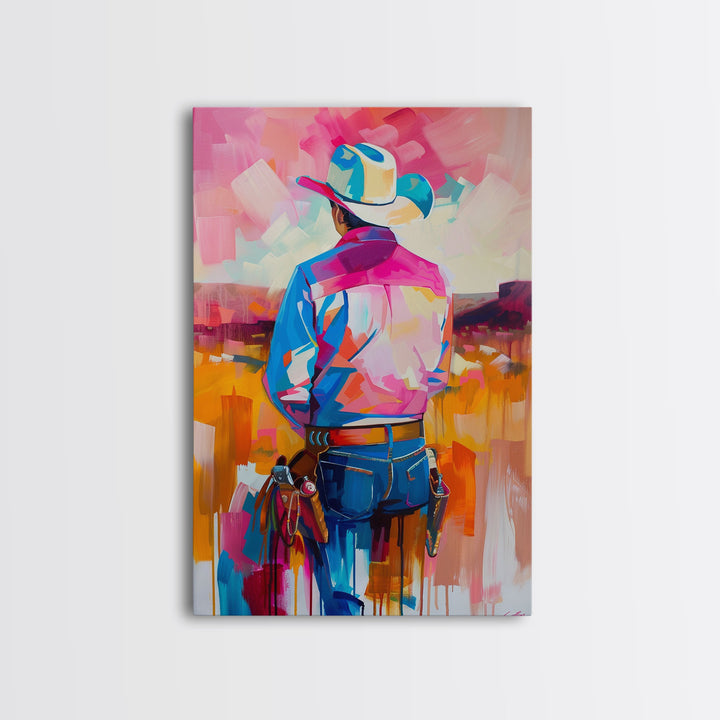 Abstract Cowboy Art in Pastel Hues - Framed Canvas Print, Contemporary Western Decor, Colorful Cowboy Wall Art for Living Room or Bedroom