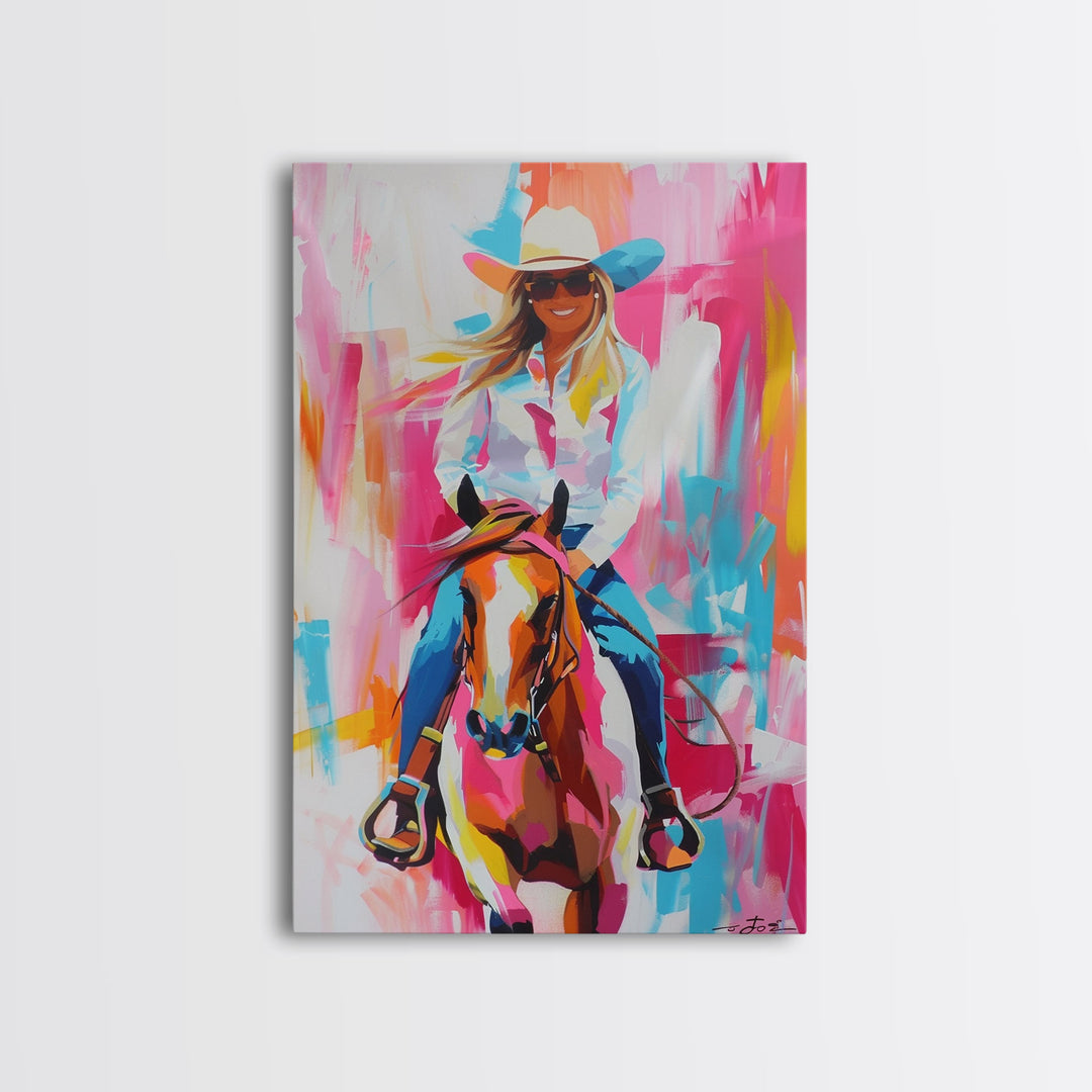 Smiling Cowgirl Riding Horse Art - Framed Canvas Print, Cheerful Living Room Decor, Colorful Western Wall Art, Horse Rider Artwork