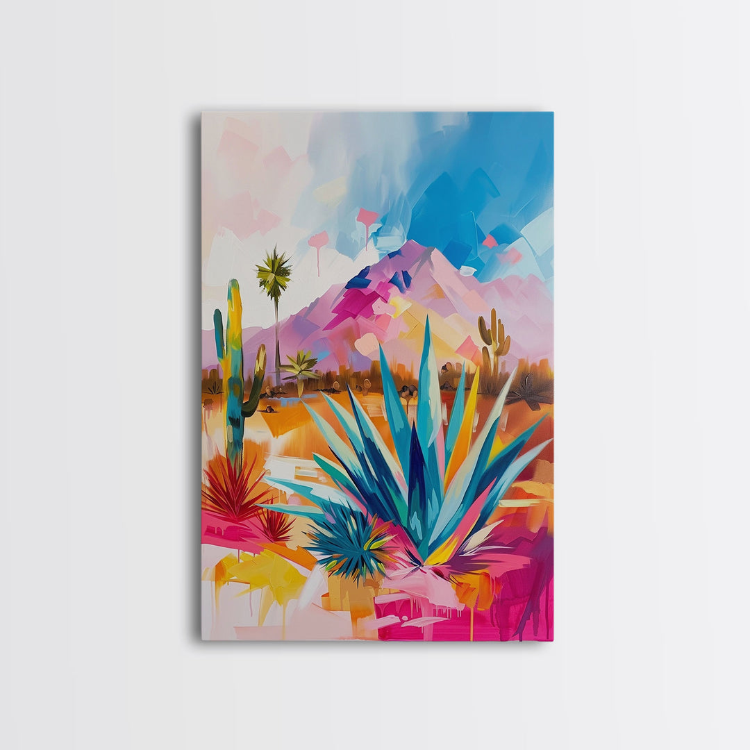 Vibrant Desert Landscape Art - Framed Canvas Print, Southwestern Decor, Modern Living Room Wall Art, Colorful Cactus and Mountains