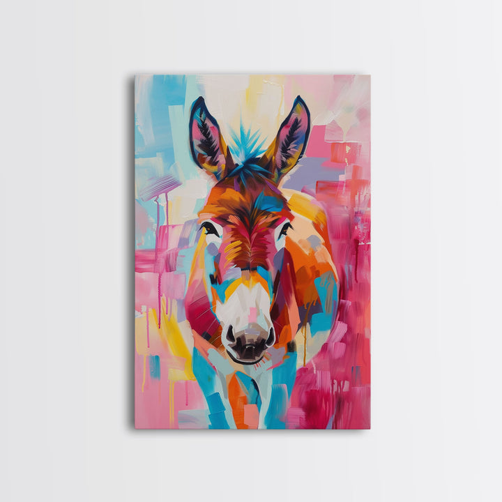 Vibrant Donkey Close-up Art - Framed Canvas Print, Southwestern Decor, Colorful Living Room Wall Art, Modern Animal Portrait