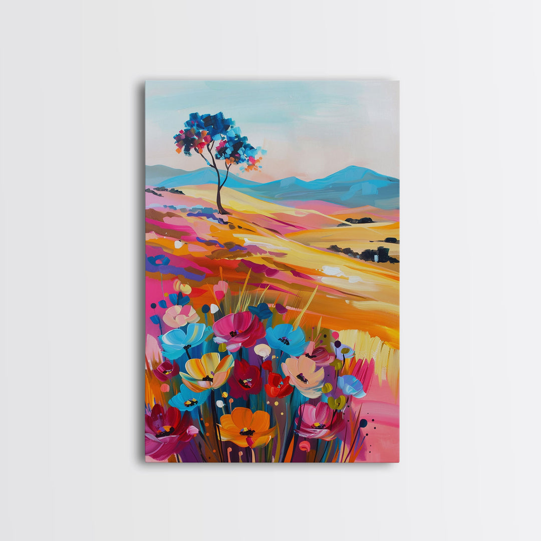 Vibrant Hills and Flowers Framed Canvas Print - Colorful Landscape Wall Art, Bright Living Room Decor, Whimsical Bedroom Art