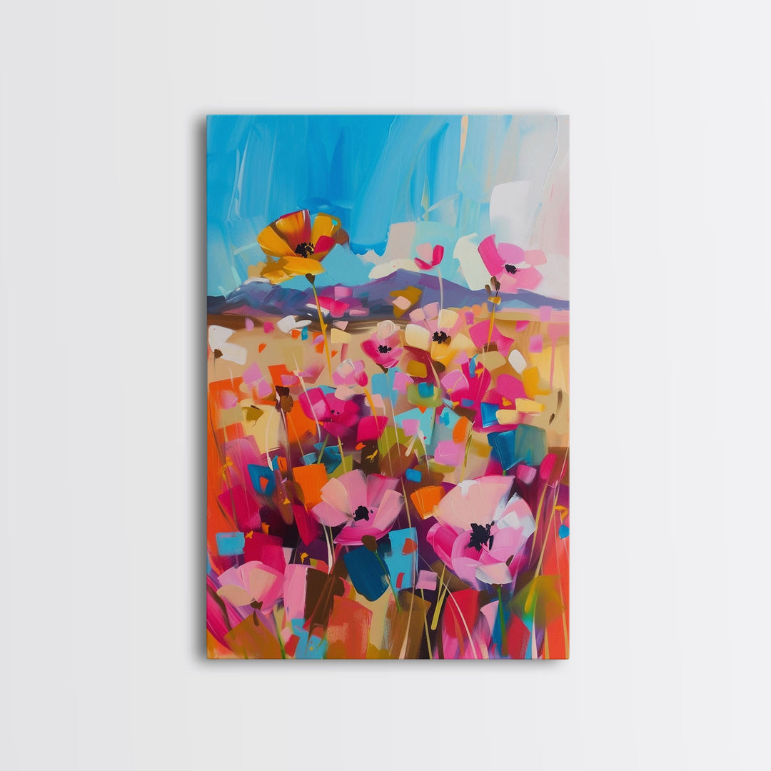 Wildflower Meadow in Bloom Framed Canvas Print - Bright Floral Wall Art, Cheerful Living Room Decor, Colorful Bedroom Art, Nature Art