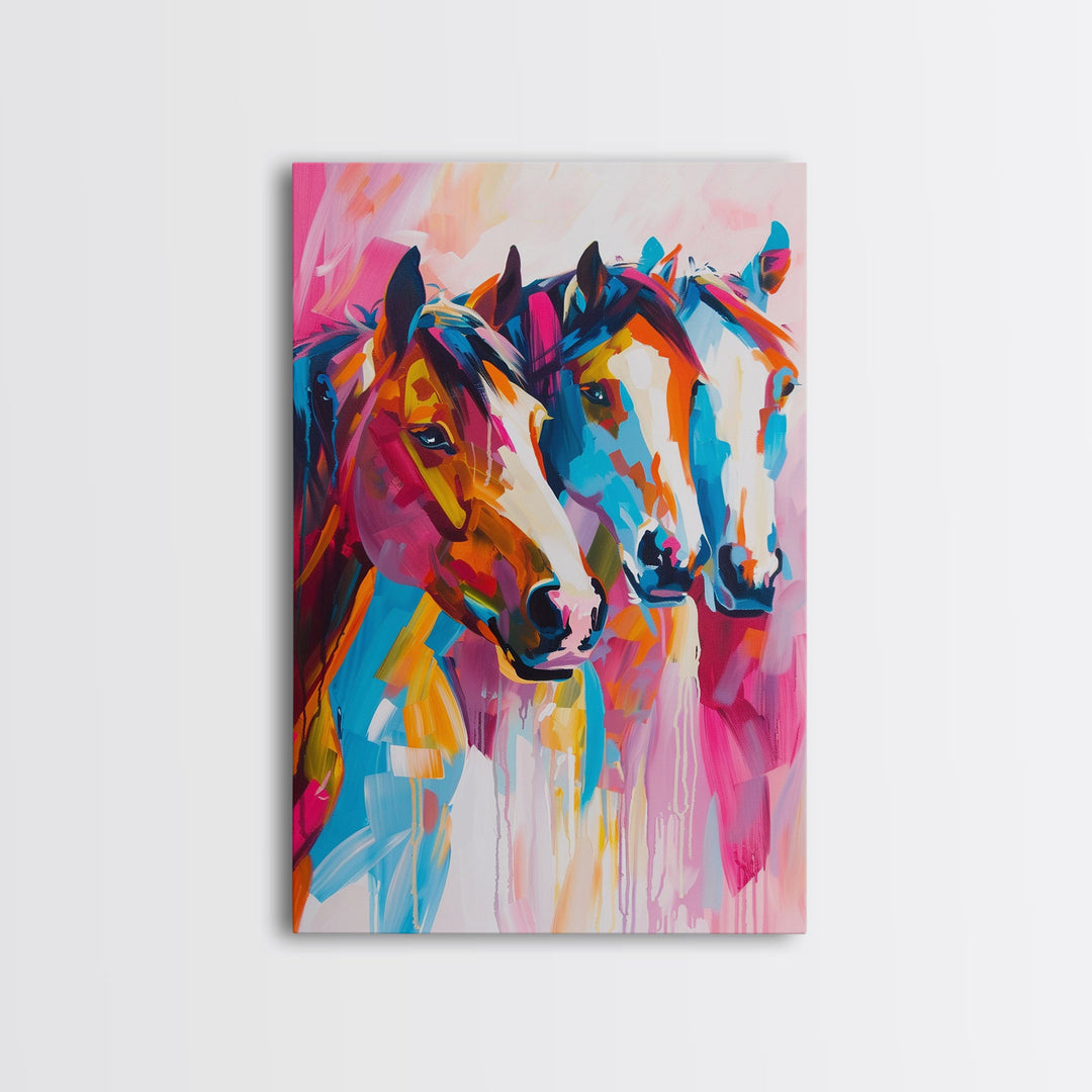 Three Horses in Vibrant Colors Framed Canvas Print - Bold Horse Wall Art, Eye-catching Living Room Decor Bright Bedroom Art Horse Lover Gift