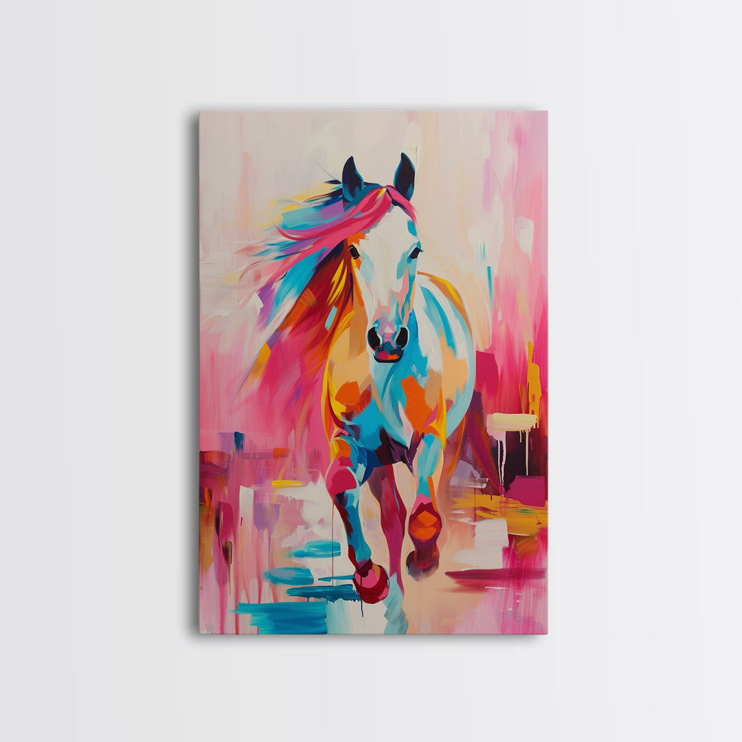 Vibrant Horse in Motion Framed Canvas Print - Dynamic Horse Wall Art, Colorful Living Room Decor, Energetic Bedroom Art, Equestrian Home Art