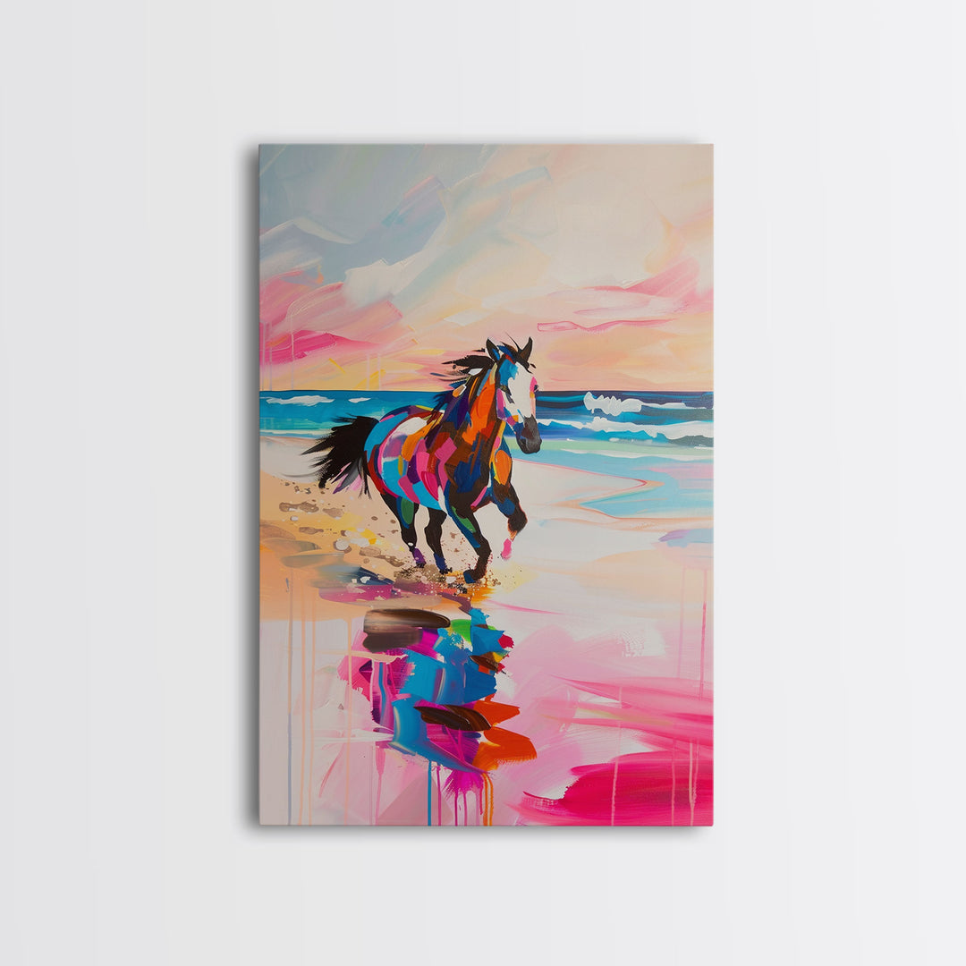 Vibrant Horse on the Beach - Framed Canvas Print, Colorful Wall Art, Coastal Living Room Decor, Modern Horse Artwork, Beach Art Print