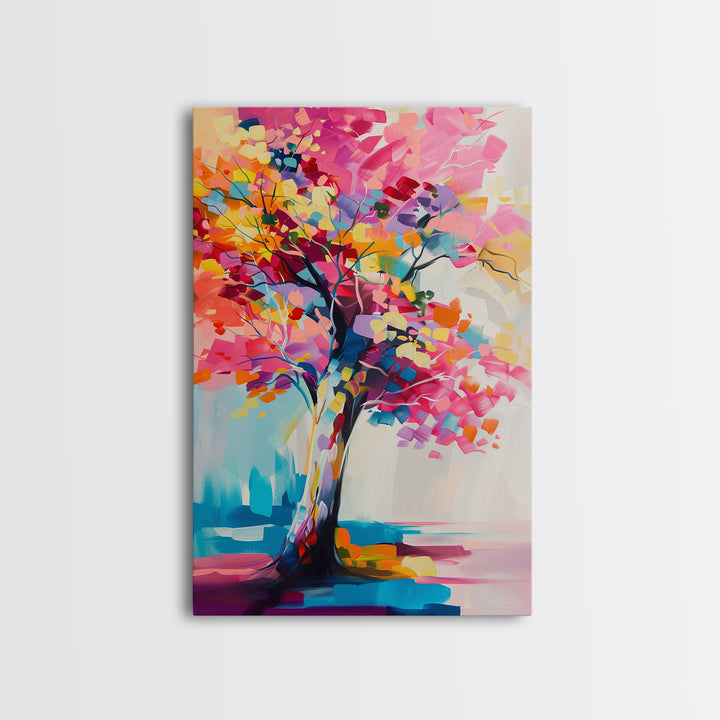 Vibrant Tree Art in Bold Colors - Framed Canvas Print, Modern Wall Art, Living Room Decor, Colorful Nature Artwork, Abstract Tree Art Print