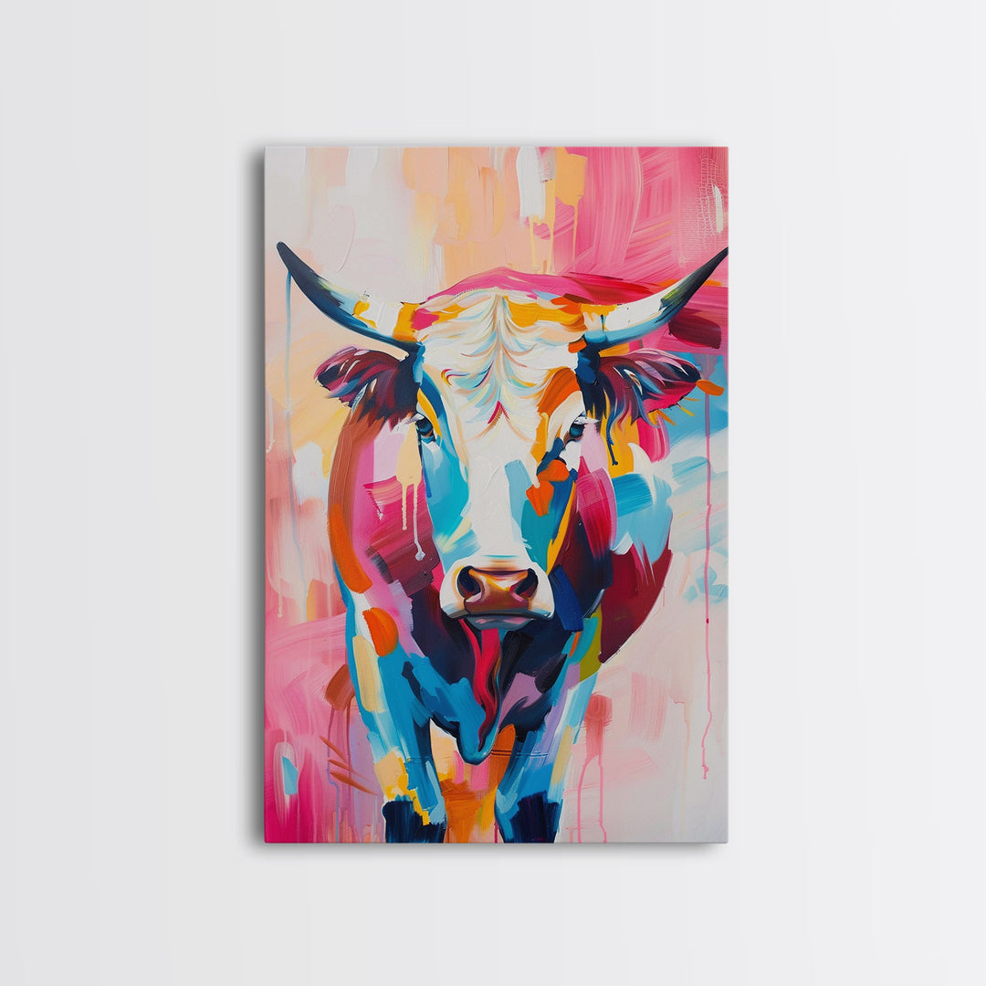 Vibrant Cow Head in Bold Colors - Framed Canvas Print, Modern Wall Art, Living Room Decor Colorful Animal Artwork, Cow Portrait, Bedroom Art