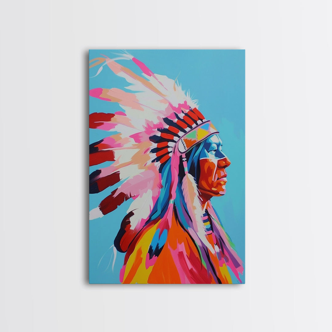 Vibrant Native American Chief Framed Canvas Print - Bold Wall Art, Living Room Decor, Colorful Tribal Art for Bedroom, Home Decor