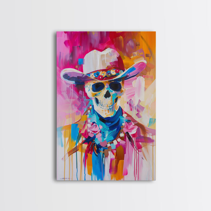 Vibrant Skeleton Cowboy Art - Framed Canvas Print, Colorful Western Decor, Skull Art, Living Room Wall Art, Unique Home Decor