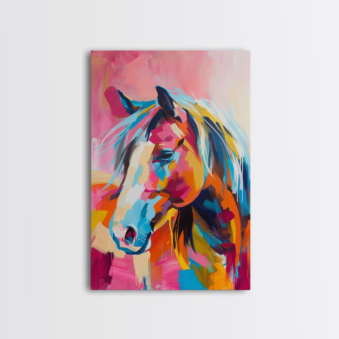 Vibrant Horse Head Painting - Framed Canvas Print, Colorful Living Room Decor, Bold Wall Art, Unique Home Decor