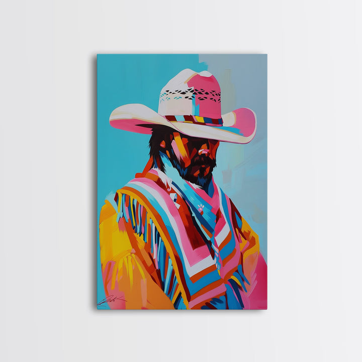 Vibrant Cowboy Portrait - Framed Canvas Print, Colorful Living Room Decor, Bold Wall Art, Unique Home Decor