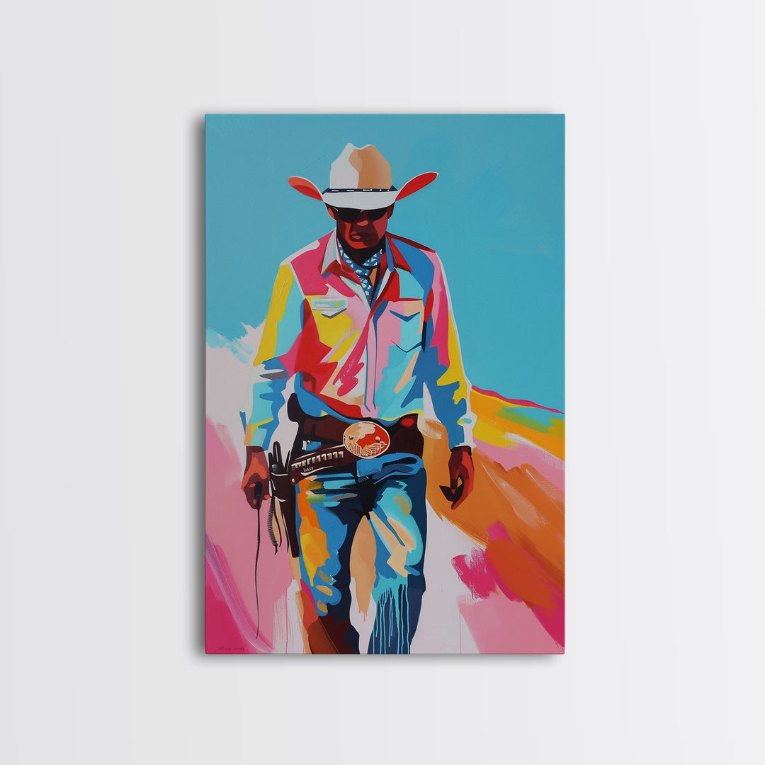 Vibrant Cowboy in Desert Silhouette - Framed Canvas Print, Colorful Western Art, Modern Cowboy Wall Art for Living Room Decor