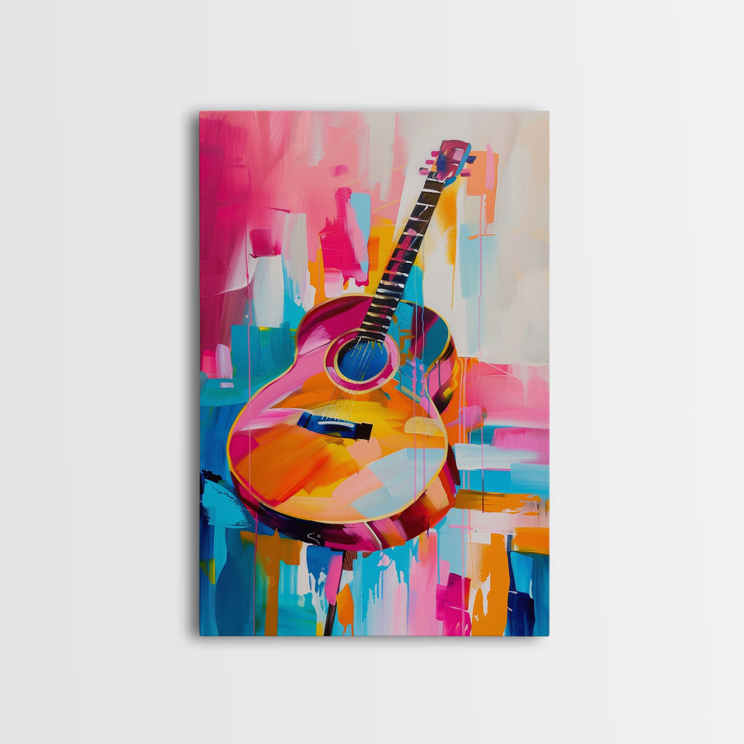 Vibrant Acoustic Guitar Painting - Framed Canvas Print, Colorful Western Art, Musical Wall Art for Living Room Decor