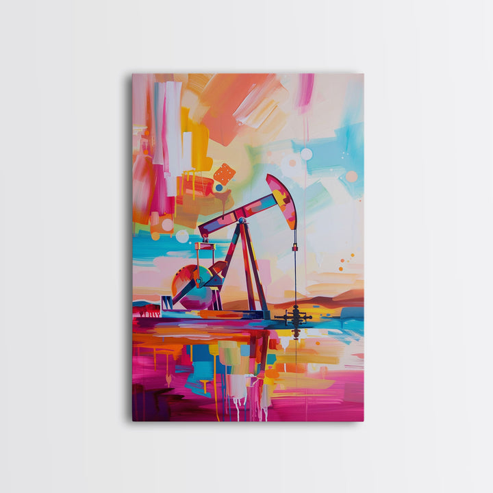 Vibrant Abstract Oil Rig Art - Framed Canvas Print, Modern Industrial Decor, Colorful Oil Pump Wall Art, Unique Living Room Artwork