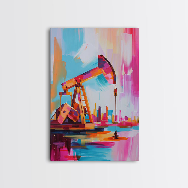 Colorful Oil Derrick Canvas Art - Framed Canvas Print, Contemporary Industrial Decor, Modern Oil Rig Wall Art, Bold Bedroom Decor