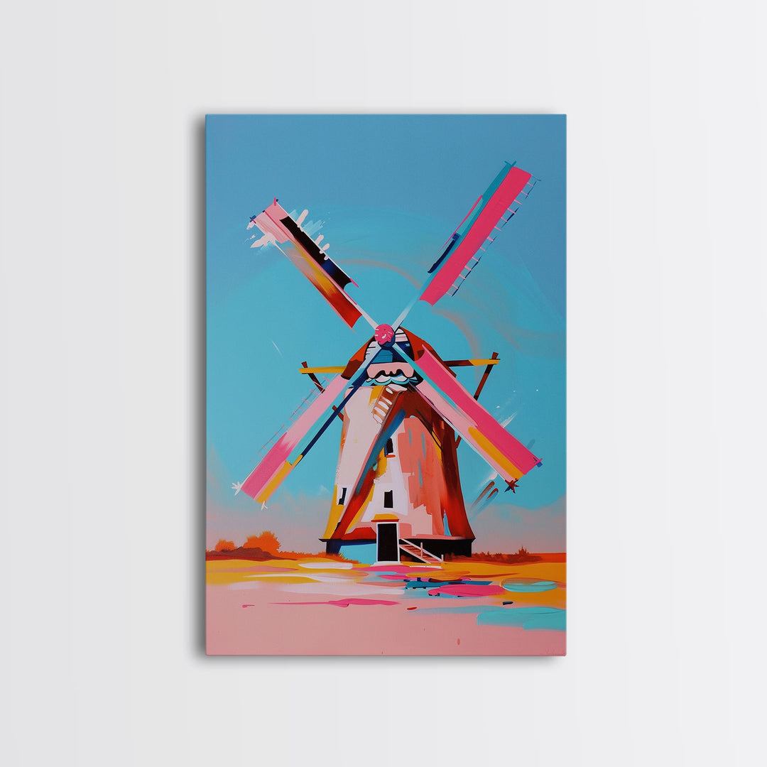 Playful Windmill Canvas Art - Framed Canvas Print, Modern Farmhouse Decor, Bright Windmill Wall Art, Vibrant Bedroom Artwork