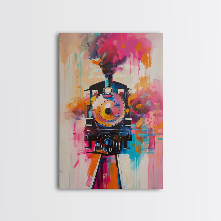 Steam Engine Train Art - Framed Canvas Print, Colorful Locomotive Decor, Vintage Train Wall Art, Retro Living Room Decoration