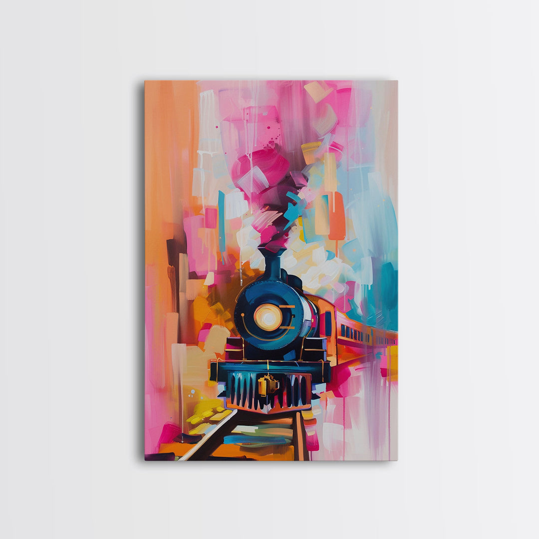 Express Train Canvas Art - Framed Canvas Print, Bold Locomotive Decor, Modern Train Wall Art, Colorful Bedroom Artwork