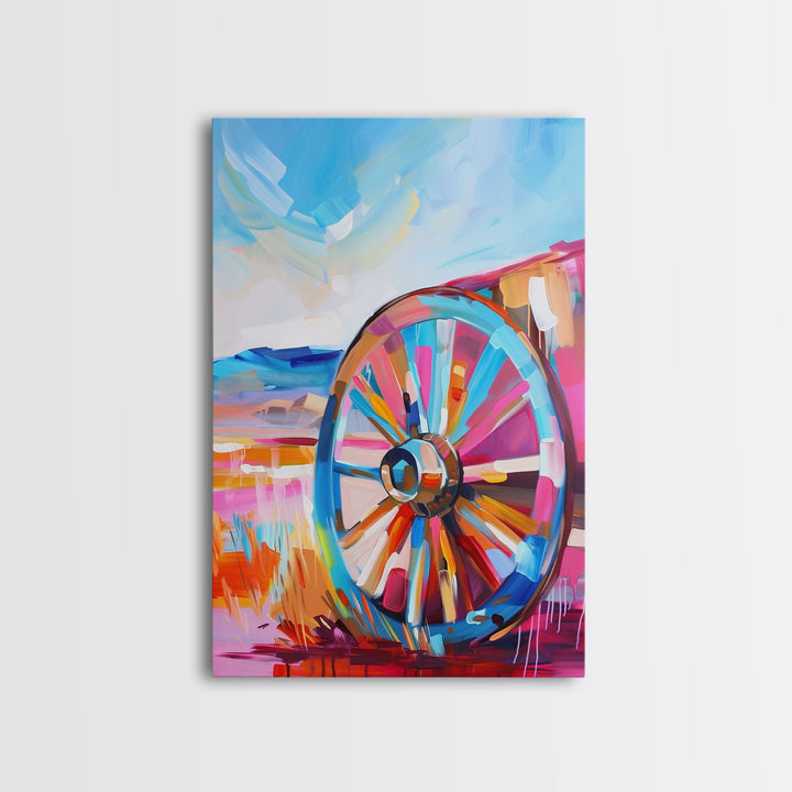 Rustic Wagon Wheel Art - Framed Canvas Print, Colorful Farmhouse Decor, Vibrant Wheel Wall Art, Unique Living Room Artwork