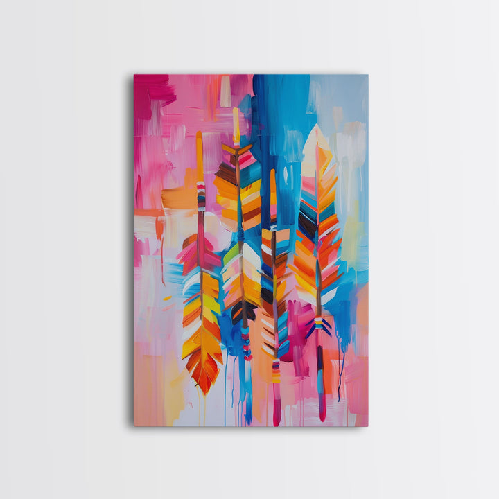 Colorful Feather Abstract Art - Framed Canvas Print, Bohemian Feather Decor, Bright Boho Wall Art, Unique Living Room Decoration