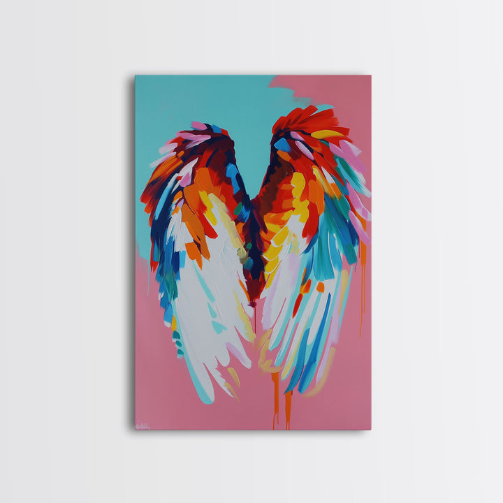 Angel Wings Abstract Art - Framed Canvas Print, Colorful Wing Decor, Modern Angel Wall Art, Whimsical Bedroom Decoration