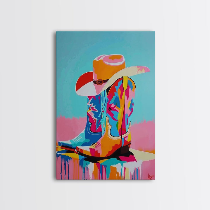 Colorful Cowboy Boots and Hat Illustration - Framed Canvas Print, Vibrant Western Decor, Cowboy Art for Living Room, Western Wall Art