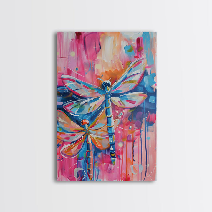 Vibrant Dragonflies in Abstract Background - Framed Canvas Print, Nature-Inspired Art, Colorful Insect Decor, Living Room Wall Art