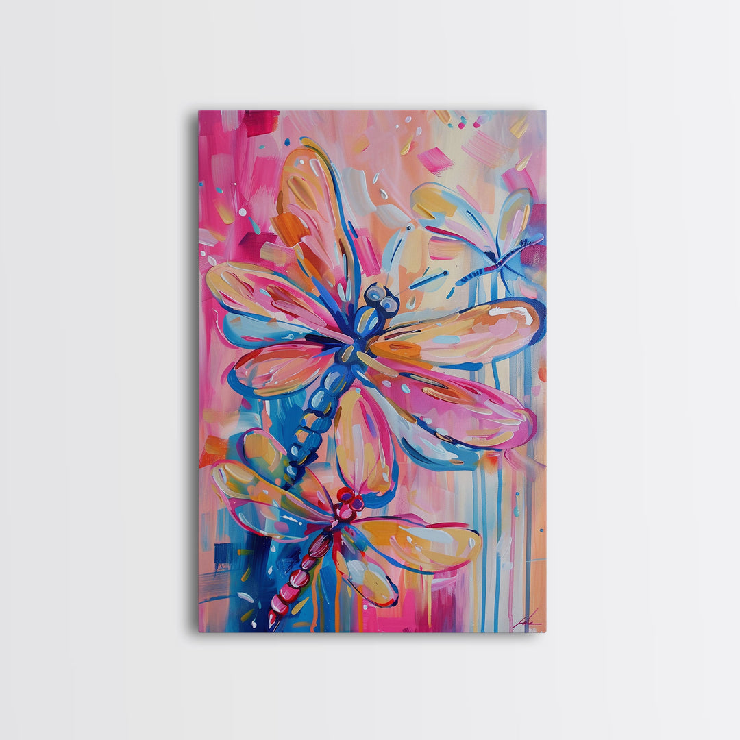 Trio of Colorful Dragonflies in Abstract Art - Framed Canvas Print, Nature-Inspired Wall Art, Vibrant Living Room Decor, Bedroom Art