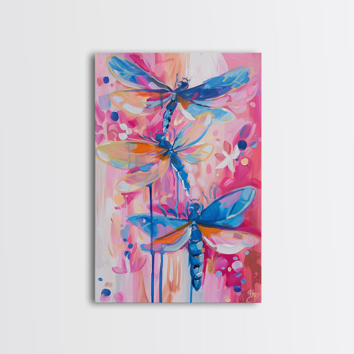 Abstract Dragonfly Trio in Vibrant Colors - Framed Canvas Print, Colorful Nature Art, Living Room Decor, Bedroom Wall Art