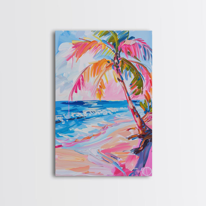 Colorful Beach Umbrella and Starfish Art - Framed Canvas Print, Vibrant Coastal Decor, Beach Art for Living Room, Summer Wall Art