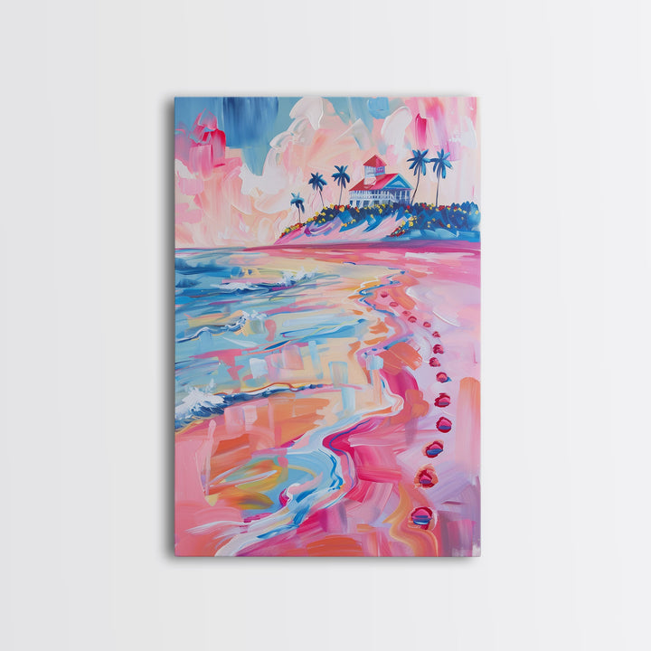 Colorful Tropical Beach Scene with Palm Tree - Framed Canvas Print, Vibrant Coastal Art, Living Room Decor, Beach Wall Art