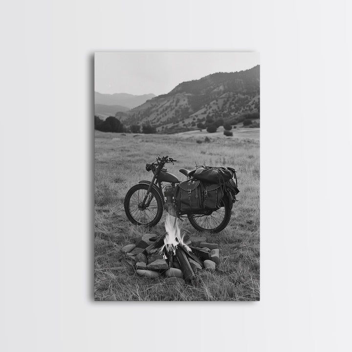 Vintage Motorcycle with Campfire in Black and White for Western Wall Art, Canvas Prints, Rustic Home Decor, Living Room Art, Bedroom Art