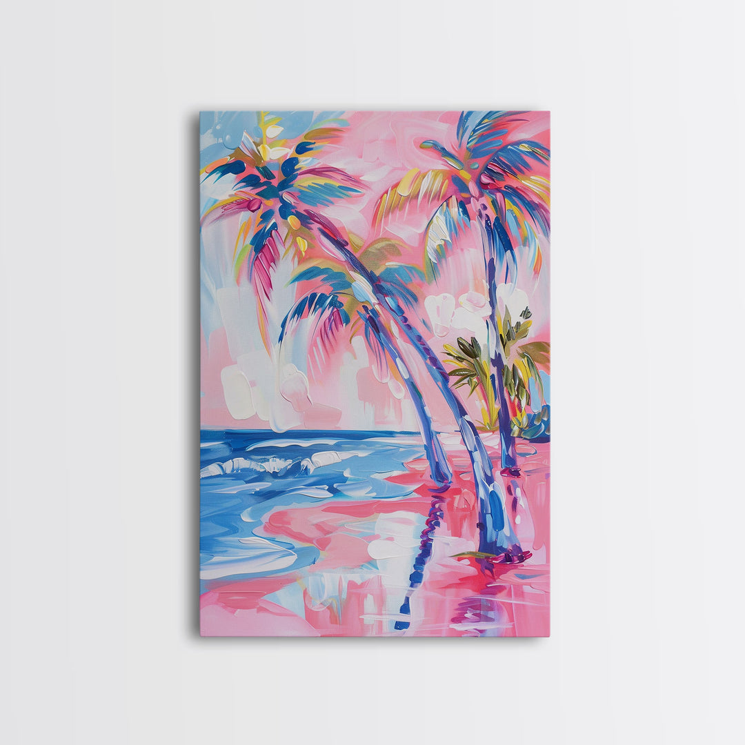 Vibrant Palm Trees and Ocean Waves in Abstract Style - Framed Canvas Print, Coastal Wall Art, Tropical Beach Decor for Living Room