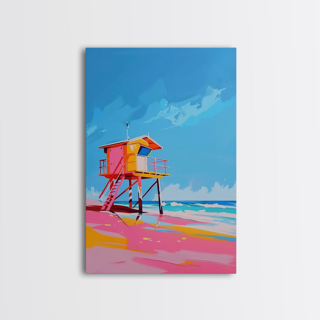 Colorful Lifeguard Tower on Sunny Beach - Framed Canvas Print, Beach House Decor, Coastal Art for Living Room or Office